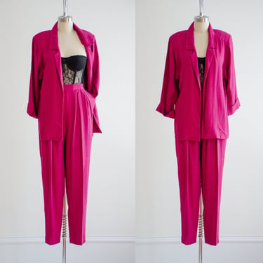 hot pink suit 80s 90s vintage Melrose striped linen pantsuit 