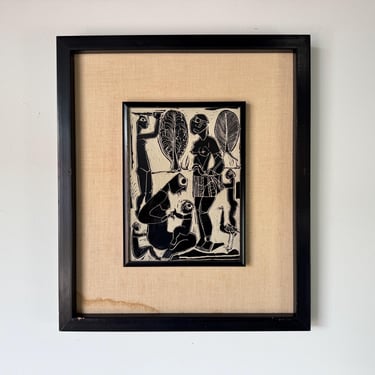 1970s Vintage African Hand-Carved Ceramic Figural Plaque - Painting 