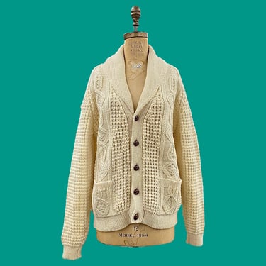 Vintage Fisherman Cardigan 1990s Retro NO SIZE + Bonner Ireland + 100% Pure New Wool + Cream + Brown Buttons + L/S + Cardi + Womens Apparel 