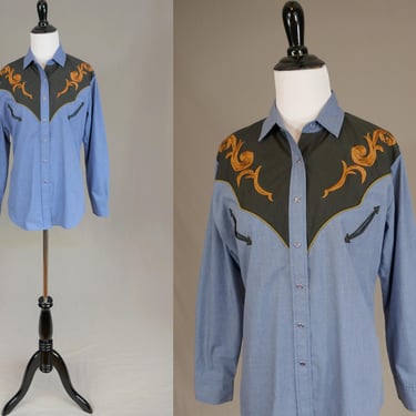 80s Ely Country Charmers Shirt - Blue Pearl Snaps - Smile Pockets - Embroidery - Western Cowgirl - Vintage 1980s - M 