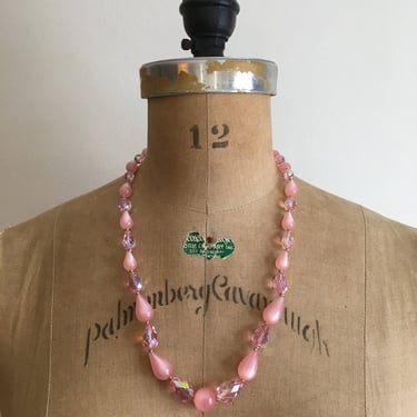 1950s 1960s Pink Moonglow Crystal Bead Necklace 50s 60s 