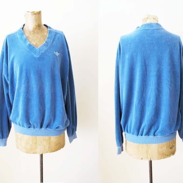 Vintage 80s Adidas Trefoil Velour Sweater M - 1980s Blue V Neck Adidas Long Sleeve Jumper Sweater 