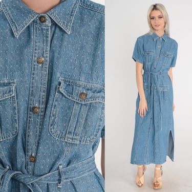 90s Denim Dress Polka Dot Blue Jean Dress Cargo Pockets Collared Button Up High Waisted Ankle Length Short Sleeve Vintage 1990s Medium M 