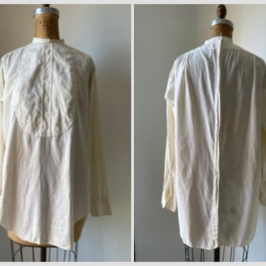 Antique early 1900’s Edwardian IDE cream cotton dress shirt | pique bib, cuffs & band collar, @M 