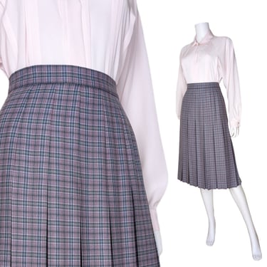 Vintage Pleated Wool Skirt, Small, Tartan Plaid School Girl Skirt, Topstitch Pleated Turnabout Skirt 