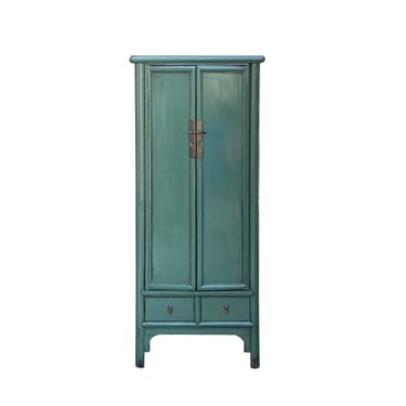 Oriental Distressed Pastel Celadon Green Lacquer Slim Storage Cabinet cs7284E 