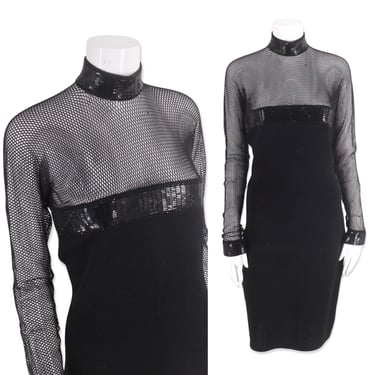 80s ST JOHN fishnet knit dress 8, vintage 1980s black sequined evening sheath dress 