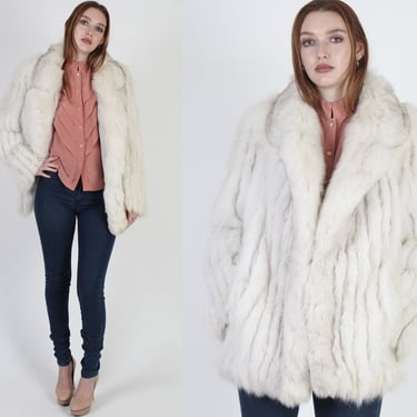 Arctic Fox Fur Coat / Real Fur Jacket With Pockets / Vintage 80s Off White Suede Inlay / Corded Chubby Shawl Collar Winter Jacket 
