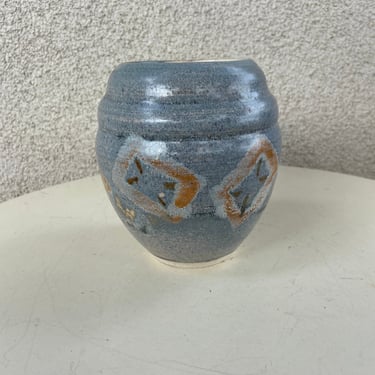 Vintage small studio art pottery round vase light blue with browns geometric design signed size 5.5” 