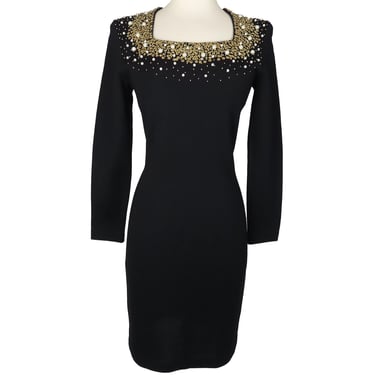 Vintage 80s Gold Sequin Pearl Beaded Wool Black Dress Long Sleeve Sheath Retro Glam Beading Party Dress Evening Wear Eighties Fashion XS/S 