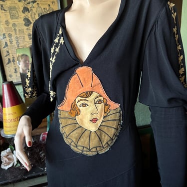 Vintage 1930s Black Rayon Crepe Dress with Pierrot Flapper Face Appliqué - Small 