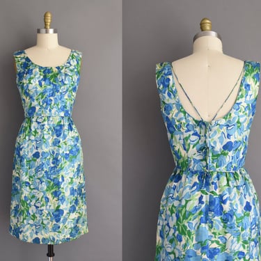 1950s vintage dress | I.MAGNIN Blue Floral Silk Cocktail Party Wiggle Dress | Small 