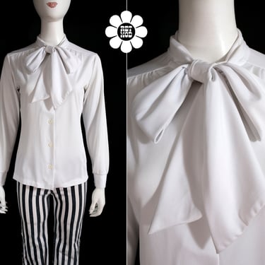Groovy Vintage 60s 70s White Long Sleeve Blouse with Pussybow by Laura Mae 