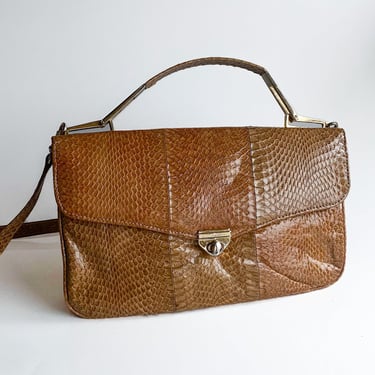 1980s Tan Snakeskin Top Handle Bag