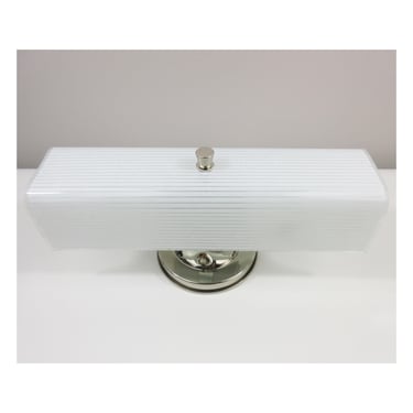 Mid Century Vanity Shade with New Polished Nickel Fixture - 13" Wide - White Shade with Clear Lined Pattern - 2 Bulb - Ready to Hang 