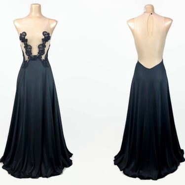 VINTAGE 60s Black Nude Illusion Lace Deep Plunge Nightgown By Formfit Rogers Sz M 14/16 | 1960s Long Gothic Wedding Nightgown | VFG 