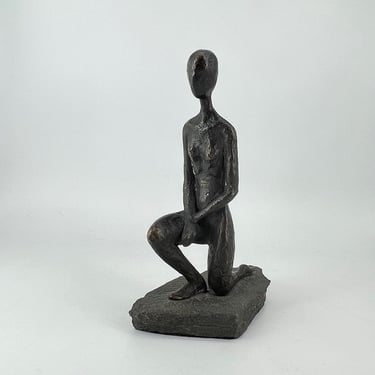 Unknown Artist Bronze Sculpture on Slate Base Vintage Mid-Century Abstract Figure Unsigned 