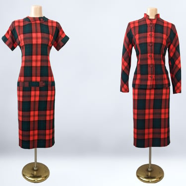 VINTAGE 50s Red & Green Plaid Pencil Dress and Jacket Set | 1950s Dress Suit | Drop Waist Wiggle Dress Fitted Jacket | 49er Style Outfit vfg 
