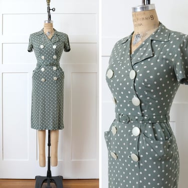vintage 1950s tailored polka dot dress • sage green linen wiggle dress with hip flare pockets 