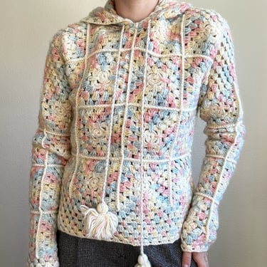 Handmade Crochet Pastel 100% Wool Granny Square Hoodie Sweatshirt Sweater Sz S 