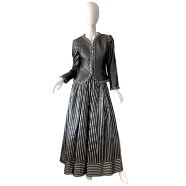 80s Victor Costa Metallic Dress / Vintage Rhinestone Evening Gown / 1980s Dress Set Maxi XS 