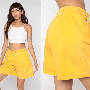 Yellow Pleated Shorts 80s High Waisted Shorts Mom Cotton PLEATED Retro Colored 1980s High Waist Rise Vintage Medium 30 