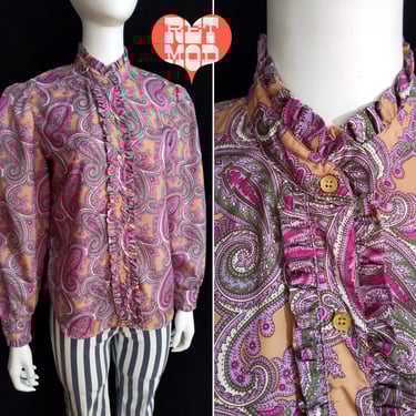 Lovely Vintage 60s 70s Purple Paisley Long Sleeve Ruffle Trim Blouse by The Villager 