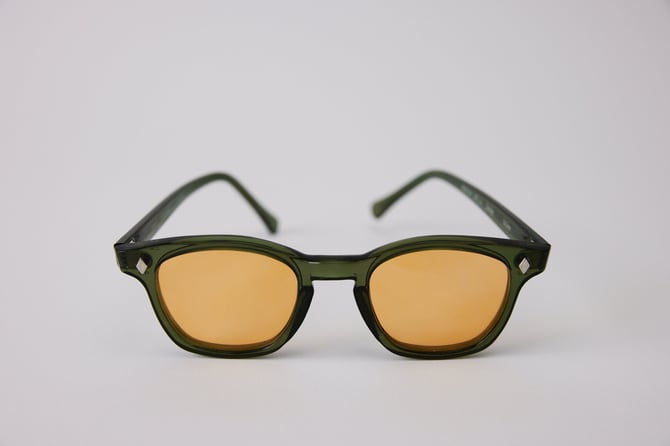QMC Customized safety glasses, green frame and Blue Blocker lenses 