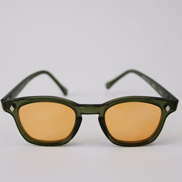 QMC Customized safety glasses, green frame and Blue Blocker lenses 