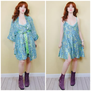 Y2K Vintage Delicates Pucci Swirl Robe Set / Green and Blue Psychedelic Slip Dress / Size XL 