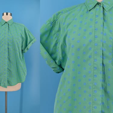 Vintage 90s Medium Green and Blue Polka Dot Short Sleeve Button Up Collared Shirt 