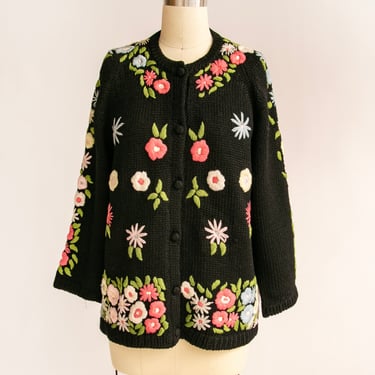 1960s Cardigan Sweater Embroidered Floral Wool M 