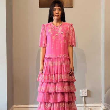 Zandra Rhodes Pink Tierred Painted Silk Dress 
