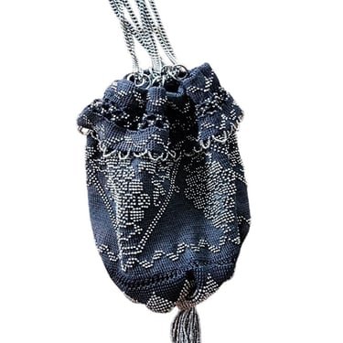 Vintage 20s Black Evening Bag Steel Bead + Crochet Drawstring Purse Tasseled 
