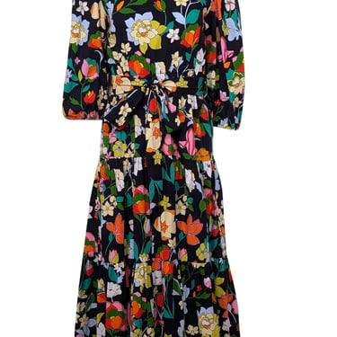 Kate Spade - Black w/ Rainbow Floral Print Seersucker Midi Dress Sz M