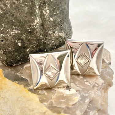 Vintage Cufflinks, Geometric Mod Silvertone Cuff Links, Diamond Look Stone, 60s 70s 
