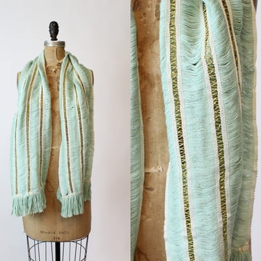 1950s gold and pistachio scarf | vintage fringe wrap 