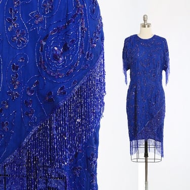 vintage 80s Blue fringe beaded sequin floral paisley silk dress 