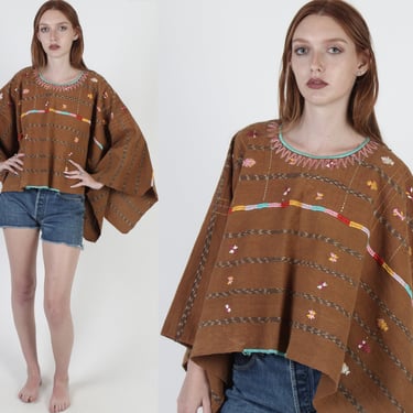 Embroidered Huipil Woven Poncho /  Rainbow Ethnic Draped Oaxacan Poncho / Hand Stitched Mayan Caftan Top 