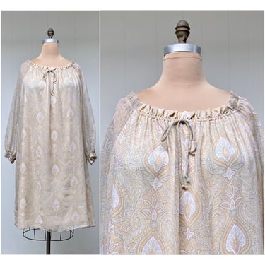 Vintage 1970s Volup Boho Caftan, 70s Semi Sheer Neoclassical Print Nightgown, 64
