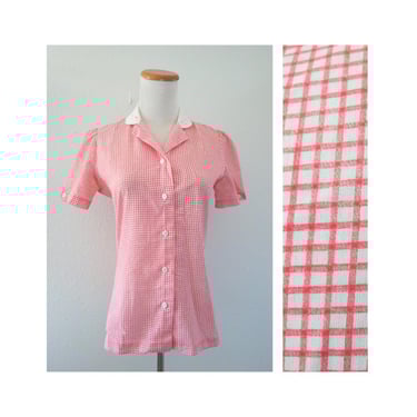 Vintage Plaid Blouse - 70s Lace Collar Short Sleeve Button Up Top - Summer Western Shirt - Size XS Small 