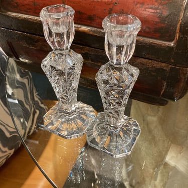 Pair vintage glass candlesticks 7in