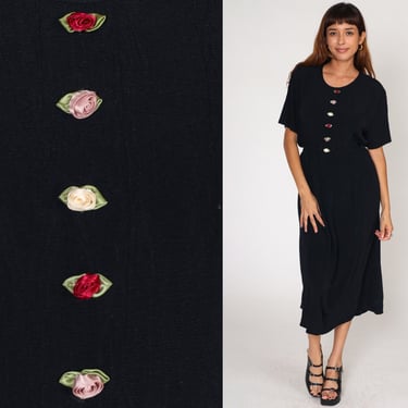 Black Rosette Dress 90s Grunge Midi Floral High Waist Pleated Plain Bohemian Revival 1990s Vintage Boho Short Sleeve Large 12 