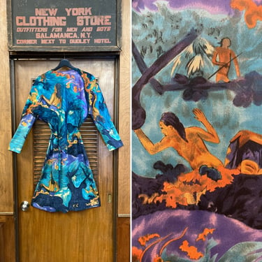 Vintage 1960’s Tropical Figural Print Knit Dress with Shawl, Vintage Two Piece Set, Vintage Tropical Dress, 1960’s Dress, Knit Dress 