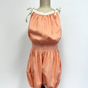 Vintage Kids Romper with Ties at the Shoulder and Elastic at the Waist |  1970s Bubble Suit in Peach 