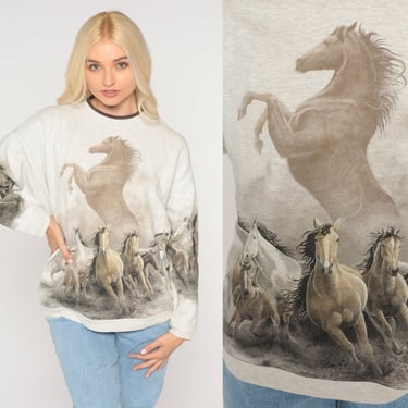 Wild HORSE Sweatshirt 00s Graphic Animal Shirt Heather Grey Wildlife Shirt Western Jumper Pullover Sweatshirt Y2K Vintage Small Medium 