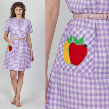 60s Purple Gingham Day Dress - Extra Large | Vintage Boho A Line Short Sleeve Mini Shift House Dress 