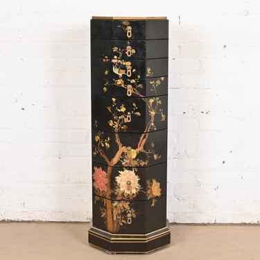 Baker Furniture Style Hollywood Regency Chinoiserie Black Lacquered and Gold Gilt Hand Painted Lingerie Chest