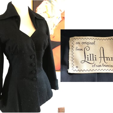 Killer Vintage 1950's  "Lilli Ann"  Designer Black Cashmere / Wool Hourglass Jacket -  size Medium 
