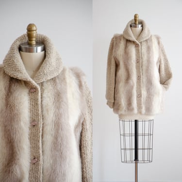 faux fur jacket 70s 80s vintage cream beige knit vegan fur coat 